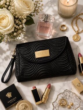 Versace Parfums Black Quilted Designer Wristlet Clutch Bag, Gold‎ Logo Plaque